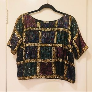 Multicolor Sequin Grid Crop Top with Gold Trim